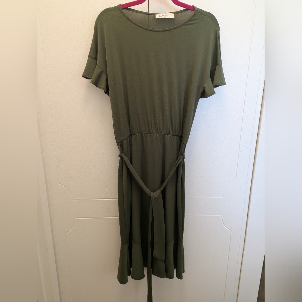 NWOT Chic Olive Midi Dress with Ruffle Sleeves